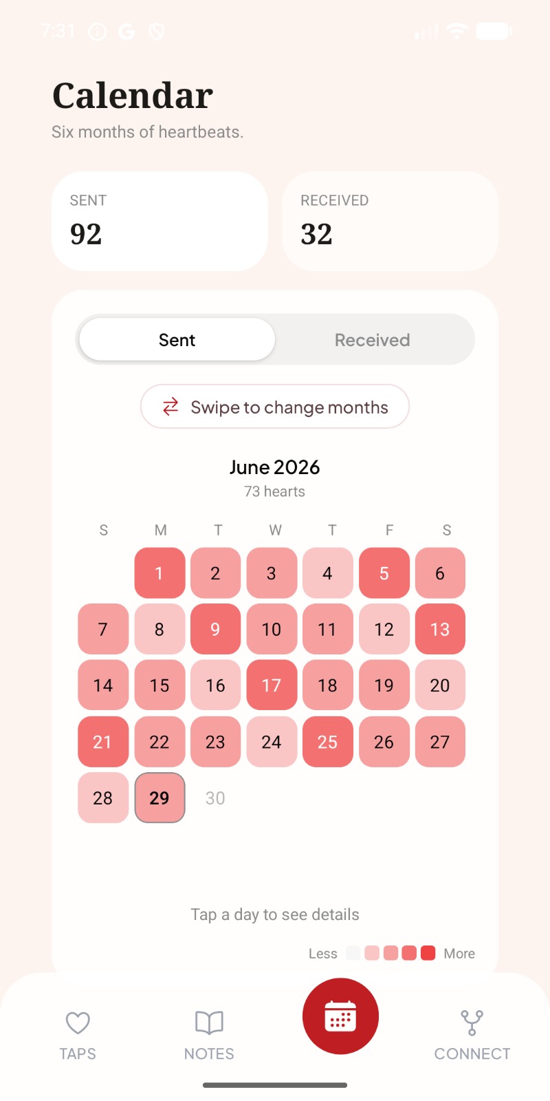 Love Tap heart calendar screen