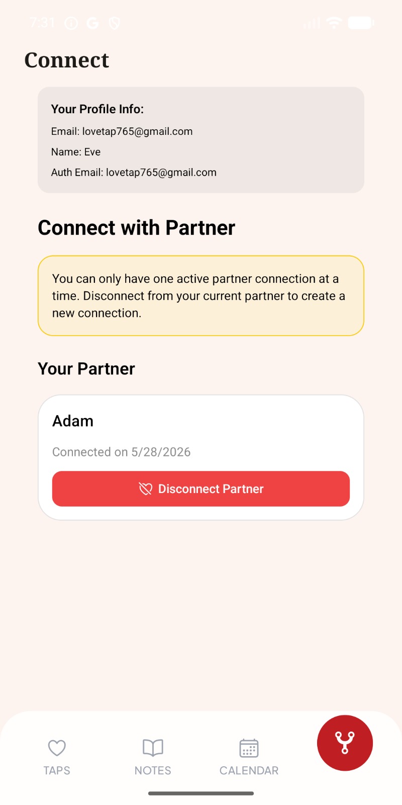 Love Tap partner connection screen