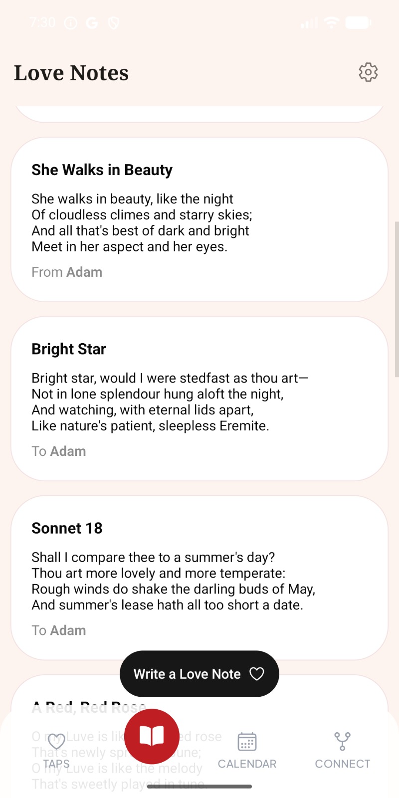 Love Tap love notes screen